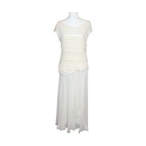 Vtg 90s Womens Maxi Dress 14 Ivory Ruched Broach Wedding Romantic Ethereal Angel